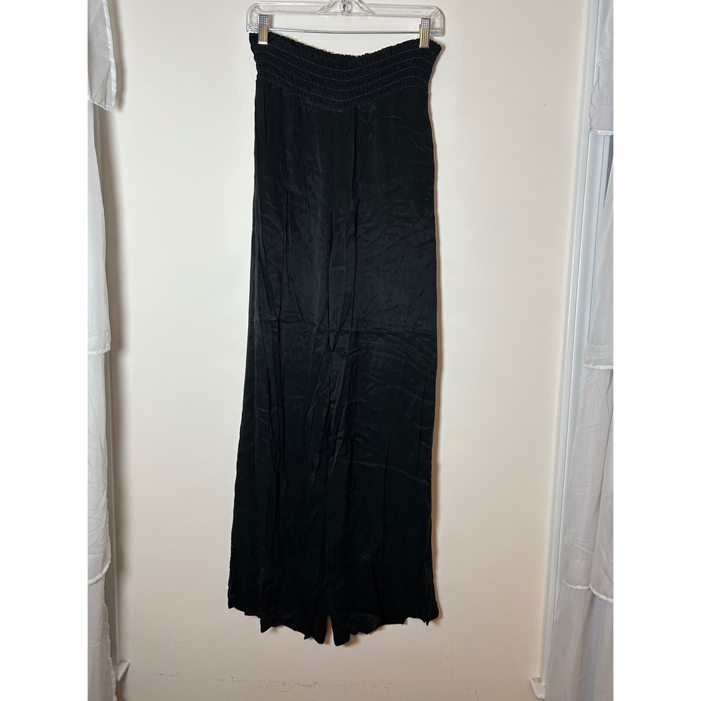Bella Dahl Black Smocked Waist Wide Leg Silky Pants Metallic Detail Womens Small